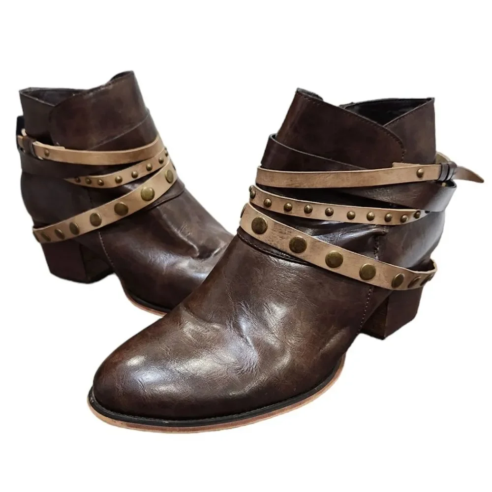 Wanted Western Inspired low heel ankle boots With Wraparound Studded Straps Sz 8